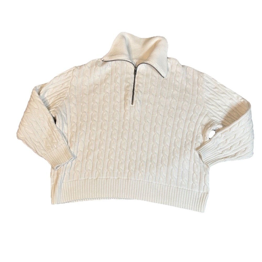 Hollister Cable‎ Knit White Fishermen Sweater 1/4 Zip Long Sleeve Women Medium